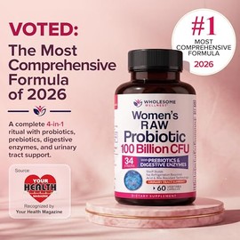 Wholesome Wellness Dr. Formulated Raw Probiotics for Women 100 Billion CFUs Capsules with Prebiotics, Digestive Enzymes, Approved for Adults, Shelf St