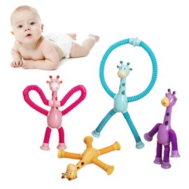 VOSSOT Telescopic Giraffe Toy with Suction Cup, Pack of 4 Sensory Toy, Suction Cup Toy, Giraffe, Sensory Stretch Tubes, Colourful Educational Stress Relief Giraffe Toy (No Light)
