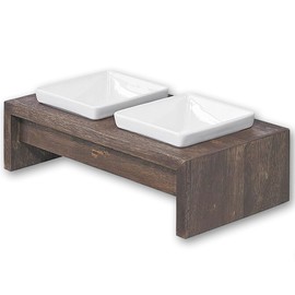 Bowsers Artisan Diner Double Dog Feeder - Handcrafted Rubberwood Frame with Square Ceramic Bowls Feeder for Dogs - Walnut, Small, 15" x 7" x 4"