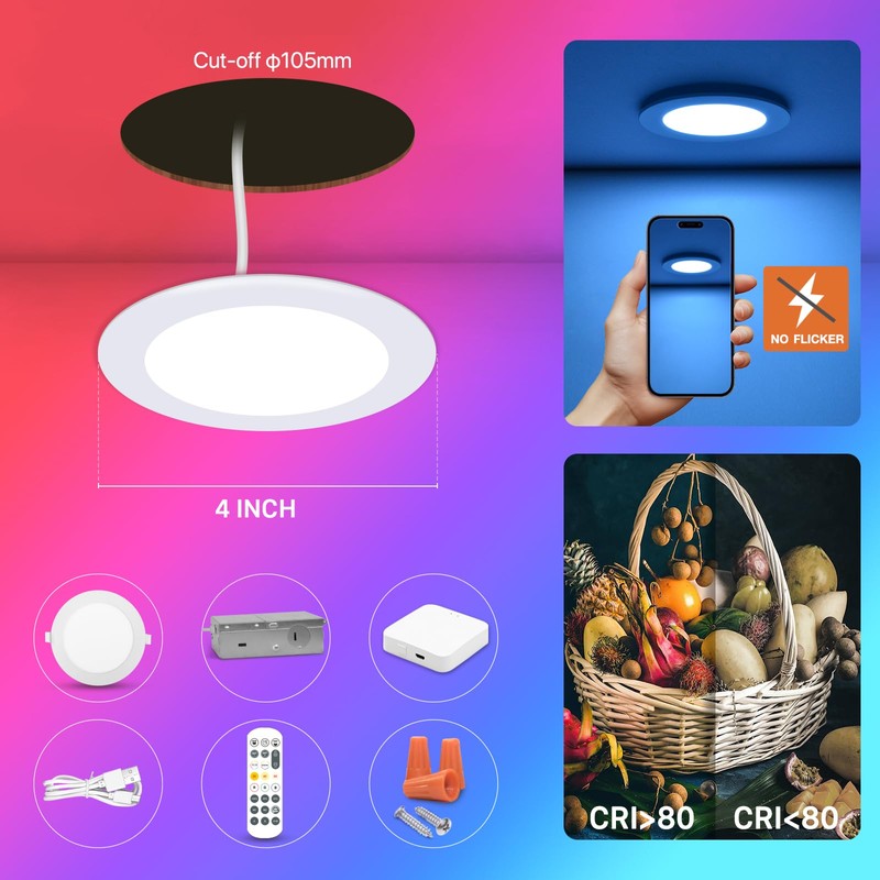 Dcvoltfield 6Pack Smart RGB Recessed Lighting 4Inch,Ultra-Thin Canless LED Downlight,2.4GHz