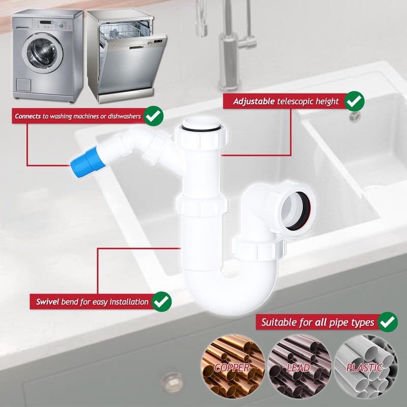 SPARES2GO 40mm Telescopic Sink Trap Kitchen Washing Machine Dishwasher 75mm