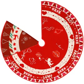 Sozize Christmas Tree Skirt Valentine's Day Tree Skirts Red Double-Sided Print Mat with Snowflake Reindeer Love Heart Pattern for Holiday Party Decoration (Christmas/Valentine's Day, 48")