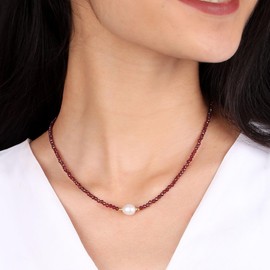Gempires Red Garnet Beaded Necklace with Freshwater Pearl, Pearl Necklace, January Birthstone, Choker Style, Gift for Mom, friend, Wife, 14k Gold Plated 18 inch Adjustable Chain