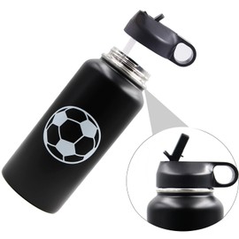 FMYWZS 32 oz Soccer Water Bottle, Wide Mouth Travel Sports Flask with 2 Lids（Straw Lid+Flex Cap）BPA Free 18/8 Stainless Steel Double Wall Vacuum Insulated Water Bottles (32oz, Soccer)
