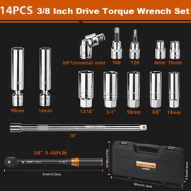 TAGVIT 14 PCS Swivel Magnetic Spark Plug Socket Set with Torque Wrench 3/8 Inch Drive, 5-45 Ft.lb 72 Tooth Click Torque Wrench with Universal Joint, Extension Bar, Bits for Easy Spark Plug Removal