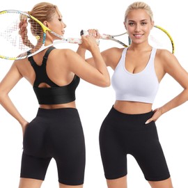 HANERDUN Sports Bra Strong Hold Women's Adjustable Straps Yoga Bra with Padded Seamless Without Underwire Wide Straps Racerback for Fitness Running Jogging, 5pcs-(Black+White+Grey Blue+Green+Pink)
