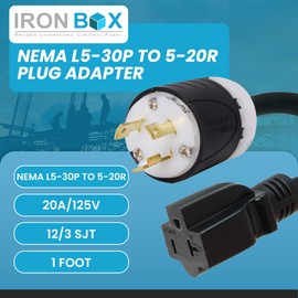 IronBox Electric NEMA L5-30P to 5-20R Plug Adapter Power Cord - 20A, 125V, 12/3 SJT - UL Listed Power Adapter Cable - Heavy Duty Extension Cord for Generator, Data Centers and More (1ft, Custom Built)