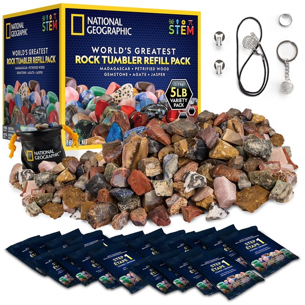 NATIONAL GEOGRAPHIC Rock Tumbler Refill Kit - 5 lb. Mix of Rocks for Tumbling and Rough Gemstones - Rock Tumbler Supplies include Rock Tumbler Grit and Polish Refill, and Unpolished Rocks