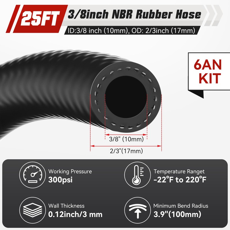 3/8 Fuel Hose Line 25FT, 6AN Fuel Line Kit Push
