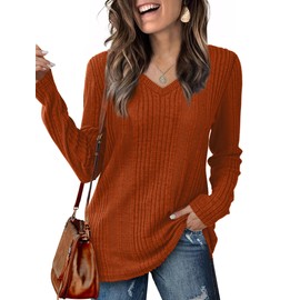 Lafural V Neck Long Sleeve Shirts for Women Casual Fall Tops Lightweight Tunic Sweaters Fashion Clothes 2024 Caramel S