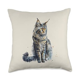 Maine Coon cat lovers Beautiful Watercolor Maine Coon cat Portrait Throw Pillow, 18x18, Multicolor