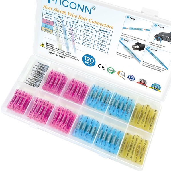 TICONN TICONN 120PCS Heat Shrink Butt Connectors Kit, AWG 24