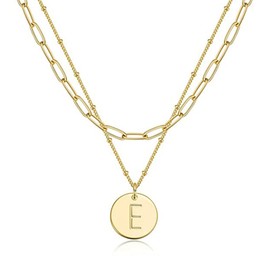 Gold Initial Necklaces for Women Layered Paperclip Letter Necklaces for Teen Girls Initial Coin Pendant Necklaces Gifts (E)