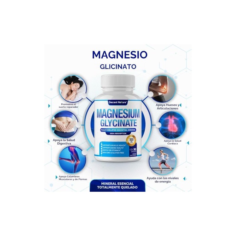 DECENT NATURE- Glicinato de Magnesio 525mg Suplemento Elemental de Magnesio