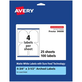 Avery Matte White Arched Labels with Sure Feed, 4.75" x 3.5", 100 Matte White Printable Labels