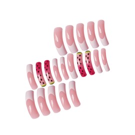 20Pcs White French Tip Press on Nails Long Curved Fake Nails with Glue Summer Fruit False Nails with Watermelon Design Long Curved Nails Press ons Full Cover Reusable Stick on Nail for Women