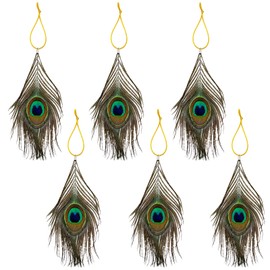 Hanging Peacock Feather Ornaments for Christmas Tree Decoration Wedding Birthday Party Decor (Natural 6pcs)