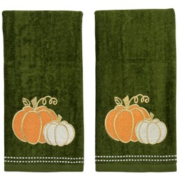 Serafina Home Autumn Fall Bath Hand Towels Bathroom Decor Farmhouse Harvest: Forest Dark Green 100% Cotton Towels with Embroidered Pumpkins with Stitched Border, 2 Piece Set