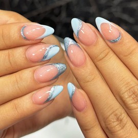 Blue French Tips Press on Nails 30Pcs Glossy Blue Glitter Curve Line Acrylic Fake Nails Sparkly French False Nails Gel Glue on Nails for Manicure Stick on Short Almond Nails for Coquette Women Girls