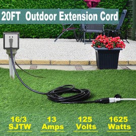 20FT Black Outdoor Extension Cord - 16Gauge SJTW Garden Extension with Flat Plug, 1625Watt Weatherproof Resistant Jacket 3Prong Appliance Extension