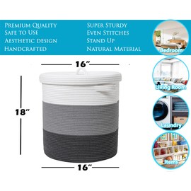 20" x 20" x 15" Extra Large Storage Basket with Lid, Cotton Rope Storage Baskets, Laundry Hamper, Cloth Bin, for Clothes Towels Blankets Pillows Storage in Living Room, Grey/Dark Grey with Cover
