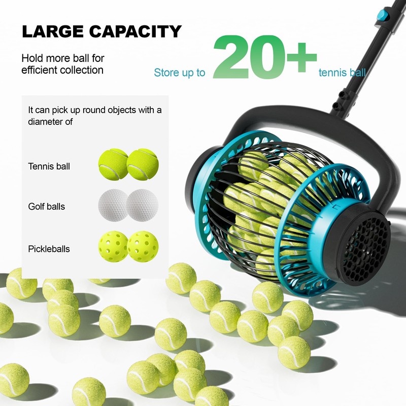 Tennis Ball Collector Roller with Adjustable Handle, No-Bend Quick Rolling