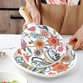 LUCCK Ceramic Serving Plates With Handle 8.2 Inch Unique Oval Dinner Plates Flower Pattern Matte Ceramic Baking Dish for Side Dish Dessert Steak Pasta
