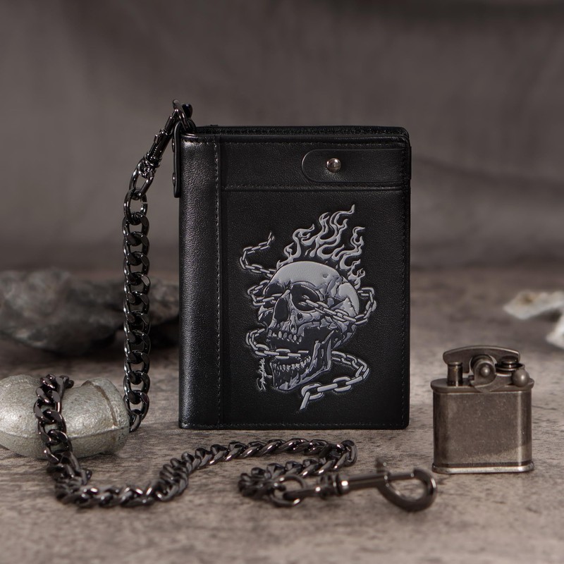 skneephate Mens Leather Wallet With Chain Skull Bifold Wallets Zipper