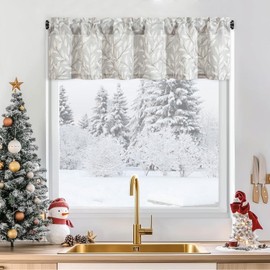 Leeva Short Curtains for Windows - Rod Pocket Farmhouse Leaves Short Window Curtains & Drapes for Living Room Kitchen, 52 x 12, Grey, One Panel