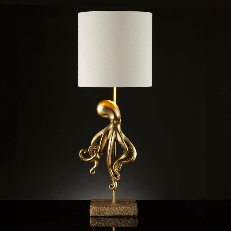 Octopus Table Lamp, Gold Finish, 26 Inches Tall, White Shade