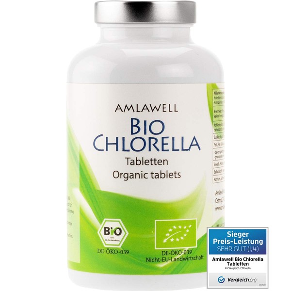 AMLAWELL Organic Chlorella Tablets - 250 g Protein-Rich Chlorella Pellets with Iron, Chlorophyll and Vitamin B12, Vegan