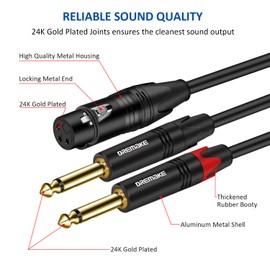 DREMAKE Dual 6.35mm 1/4 Inch to XLR Microphone Cable, Dual Mono 6.35mm Male to XLR Female Audio Y Splitter Patch Cord, Female 3-Pin XLR to Dual 1/4'' (6.35mm) TS Male Converter Adapter Cable 3 Feet