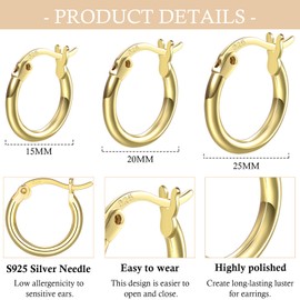 3 Pairs 925 Sterling Silver Hoop Earrings Small White Gold Plated Hoop Earrings for Women (15mm, 20mm, 25mm)