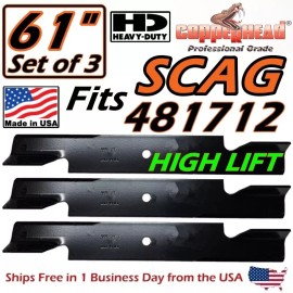 For SCAG COPPERHEAD 3-PK 61" HEAVY DUTY SCAG 481712 NOTCHED HIGH-LIFT BLADES -MADE IN USA