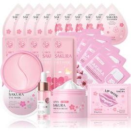 Sakura Skin Care Sets & Kits, Skin Care For Teenage Girls, Skin Care Set For Pamper Teenage Girls Gifts,Facial Kit,Skincare Set,Cleanser,Toner,Serum,Cream,Mud Mask,Eye Mask,Lip Mask,Sleep Mask(24PCS)