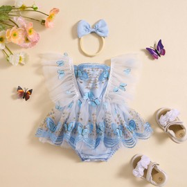 Newborn Baby Girls Rompers Flower Embroidery Mesh Tulle Dress with Headband Infant Summer Outfits (Butterfly Blue, 3-6 Months)