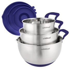 Hillbond Mixing Bowls with BPA Free Airtight Lids Stainless Steel Nesting Bowls with Pour Spout, Silicone Handle Non-Slip Bottoms for Baking, Dishwasher Safe Metal Bowls, 1.5, 3, 5 QT (Blue)