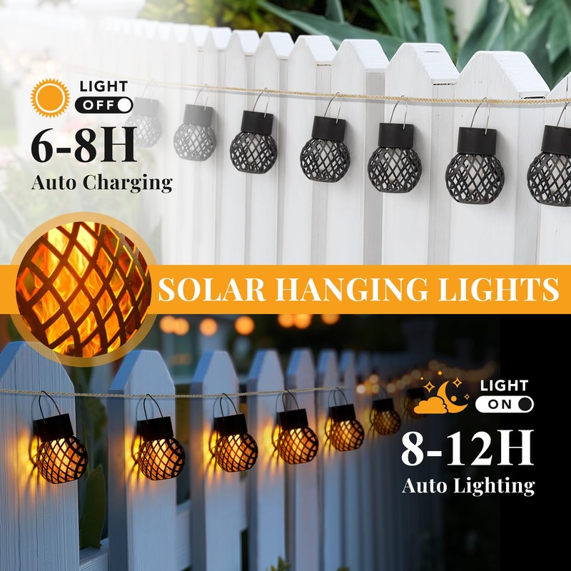 GIGALUMI Solar Hanging Lights for Outdoors, Pack of 8 Flickering