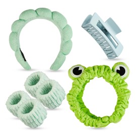 Yaqulen 7 Pcs Spa Set, Facial Headband, Spa Headband and Wristband Set, Skincare Headband, College Style Girl Gift, Hair Accessories for Women and Girls (Green)