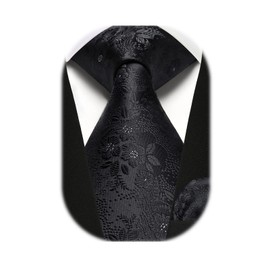 HISDERN Men Solid Black Floral Ties Woven Classic 3.4" Necktie Set Formal tie Pocket Suqare for Wedding Business with Handkerchief Gift Box