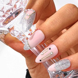 Sethexy Pink Rhinestone Medium Almond Artificial Nail Sparkle Handmade False Nails Snake Head Natural Shiny Press on the Nail Salon Quality for Women and Girls (1)