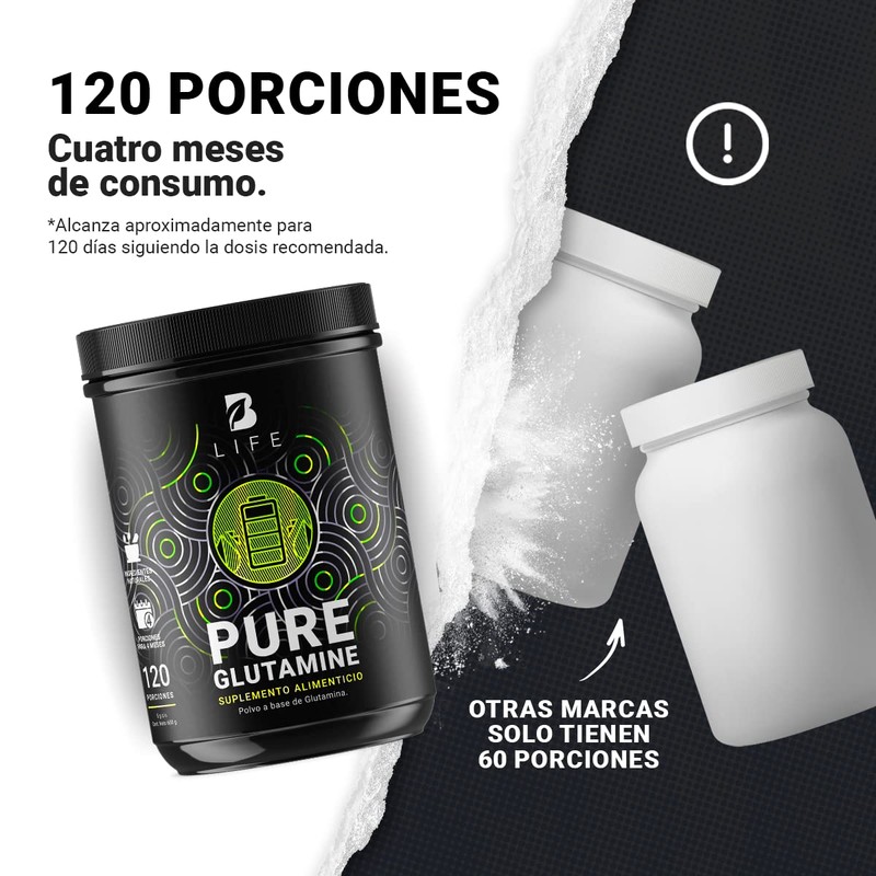 Glutamina Micronizada de 600g con 120 servicios. Ingredientes naturales. Pure