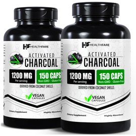 HealthFare Activated Charcoal Pills 1200mg | 150 Vegan Capsules | 2 Bottles | Organic Coconut-Sourced | Detox & Digestive Balance | Non-GMO, Gluten-Free | Made in USA