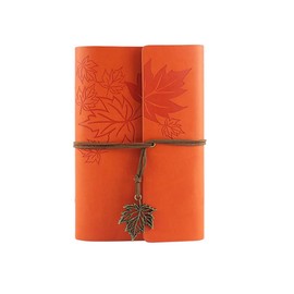A6 Refillable Diary Notebook, Vintage PU Leather Travel Diary Journal Sketchbook Ring Binder with Blank Kraft Paper and Maple Pendant [Orange]