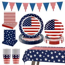 Arosche 4th of July Decorations Patriotic Party Supplies Set for 24-Disposable Paper Plates, Napkins, Cups, Tablecloth & Garlands Mmeorial Day Veterans Day American Flag Decor for Outside, Picnic