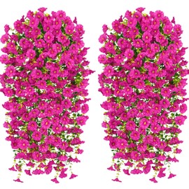 Waipfaru Artificial Hanging Flowers for Outdoors, 2 Pcs Fake Hanging Plants for Outdoor, UV Resistant Faux Flowers Silk Petunia Spring Summer Decor for Home Planter Porch Patio Decoration, Fuchsia