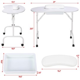 Yaheetech 37-inch Foldable Manicure Table Nail Desk Workstation w/Carrying Case/Wheels for Spa Beauty Salon and Adjustable Low Back Armless Swivel Office Chair Set White