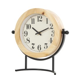 Deco 79 Wood Decorative Clock Mantel Clock with Curved Black Metal Stand and Ball Details, Tabletop Clock 10" x 3" x 10", Light Brown