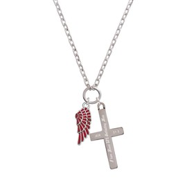 Delight Jewelry Silvertone Medium Translucent Red Angel Wing - Everlasting Love Engraved Cross Zoey Necklace, 28"