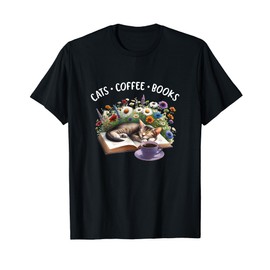 Funny Cats Coffee Books Design T-Shirt